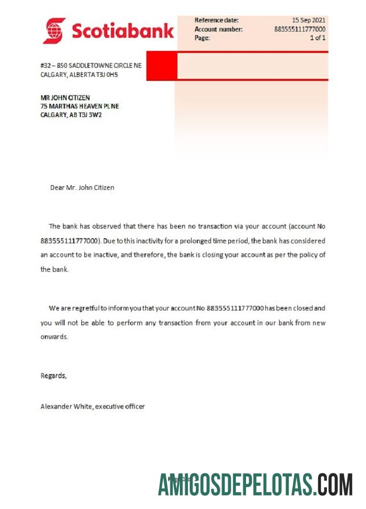 Referência de fechamento do Canadá Scotiabank exemplo real